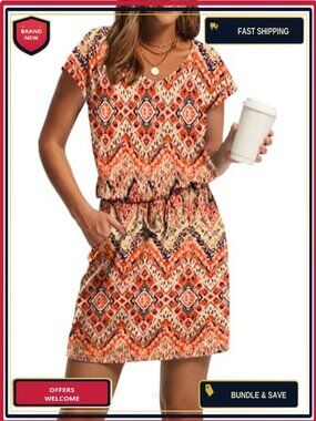 V Neck T Shirt Mini Dress Casual Tie Waist Sundress with Pockets